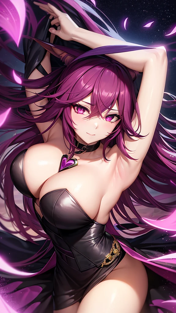 Xayah from League of Legends wearing a black elegant dress with purple details and a black choker on her neck, long magenta hair, gold eyes, Long magenta fox ears in anime style, Madura, shonen, in a dance