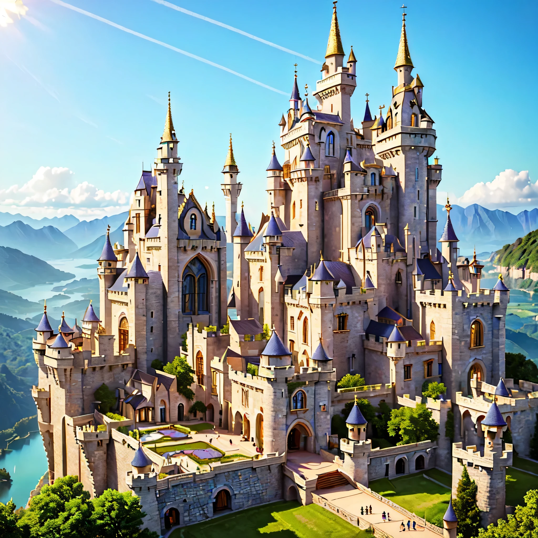 (((masterpiece, Highest quality, beautiful, luxury, Avalon))), (fantasy castle, Theme park, Gothic, Fairy tale, Vibrant, mysterious, Surrounded by major towers, With gold accents that sparkle in the sunlight, Breathtaking)