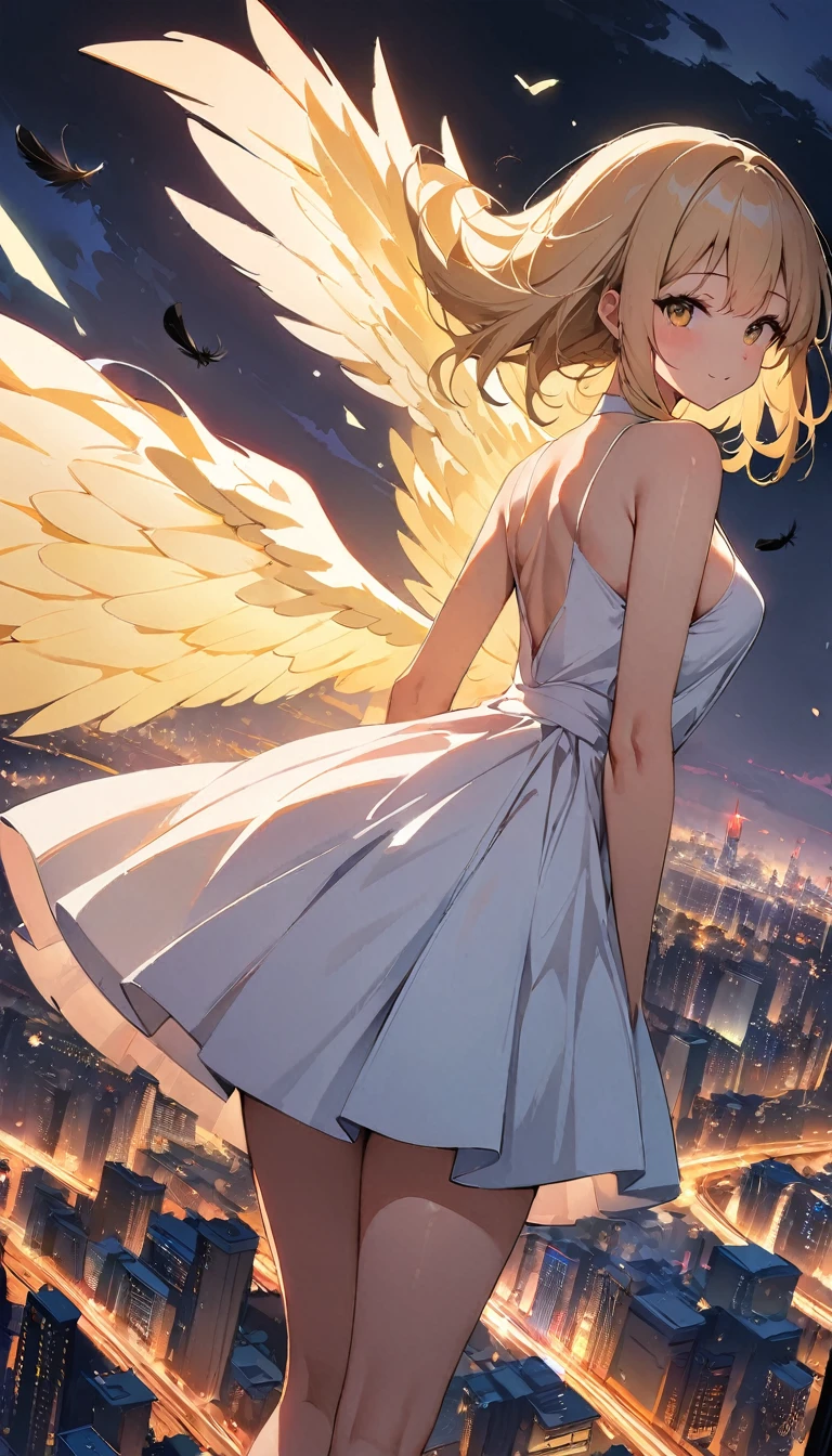 (8k, Highest quality, masterpiece:1.2),(Highest quality:1.0), (Ultra-high resolution:1.0), The image depicts a female angel floating above a city at night.。. The city lights shine golden、Create a dramatic atmosphere, Its delicate presence and black feathers contrast with the urban environment.。. Women seem protective and cautious., Glowing Skin, , rtrophto1,