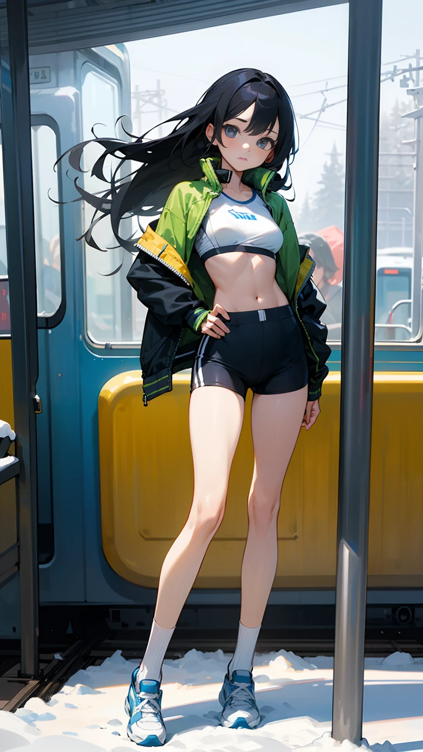 a  girl,skinny,long hair,very slim,wearing jacket,sports,bra,bare the waist,very thin waist,wearing short pants,baring the whole legs,white short socks,sport shoes,in the snow,beside a train