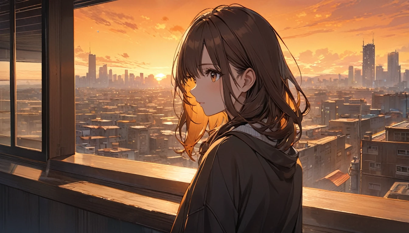Highest quality,Woman looking out,Brown Hair,dawn,Orange sky,Buildings