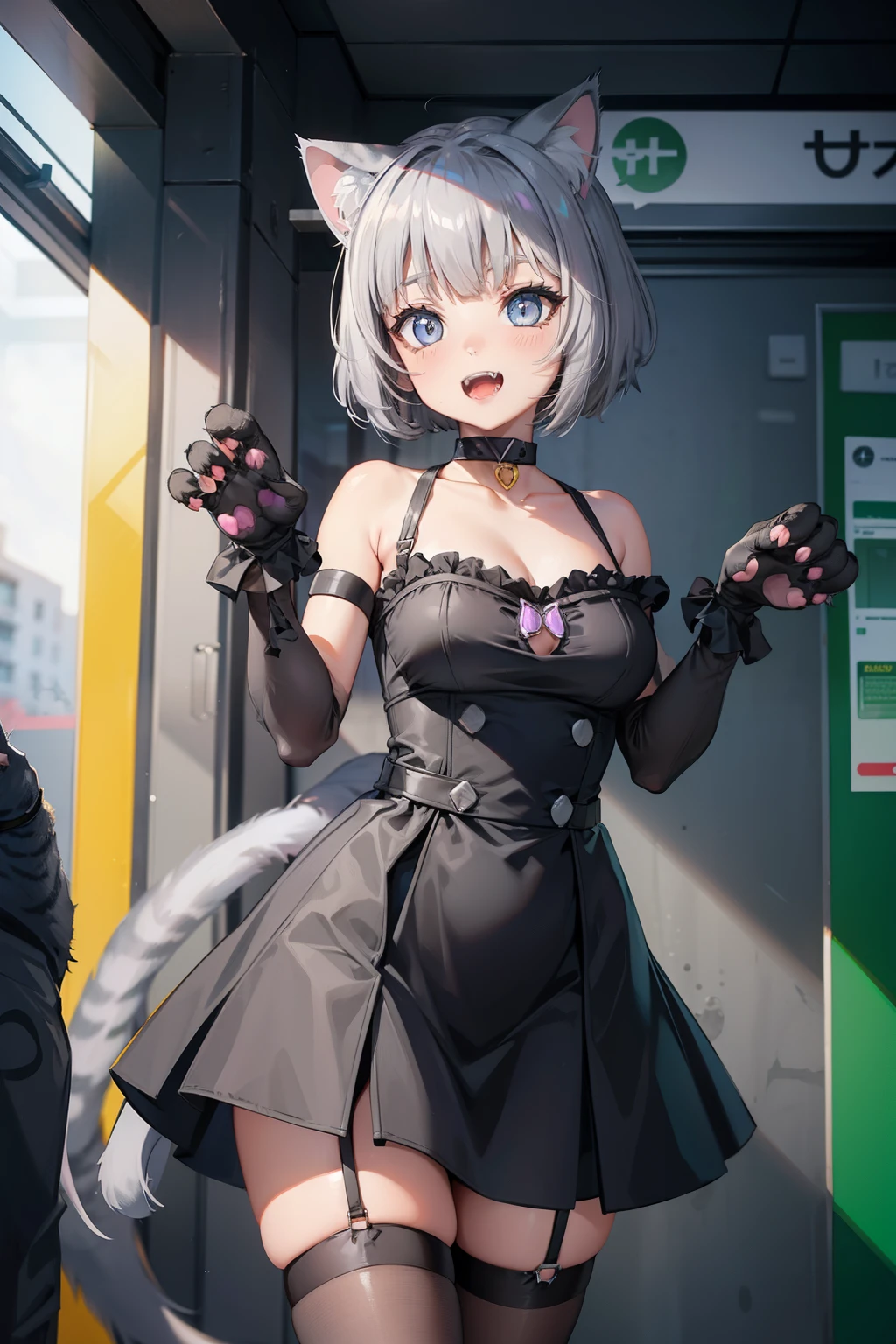 (masterpiece), (best quality), (High quality), (perfect anatomy), BREAK, expressive eyes, perfect face, 1girl, (grey cat ears: 1.7), BREAK, (medium hair, grey hair: 1.6, pixie cut), BREAK, (big eyes, perfect eyes, blue eyes, thick eyelashes), BREAK, (thin eyebrow), BREAK, (short height), slim bulid, BREAK, smile, open mouth, (cat fangs: 1.6), blush, BREAK, (medium breasts), BREAK, (black witch robe, violet witch dress), (cat paws gloves: 1.6) BREAK, (black stockings), BREAK, (standing, cat paw pose), (portrait), BREAK, (view from front: 1.5), (inside subway station, halloween), BREAK, ( face_focus), looking at the camera,