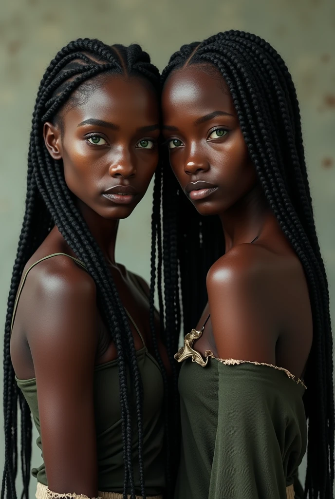 Really dark skinned 2 girl
Really dark skin 
Really dark skin 
Green eyes
Long hair with lots of African three hundred
Using a torn piece of cloth to cover her breasts