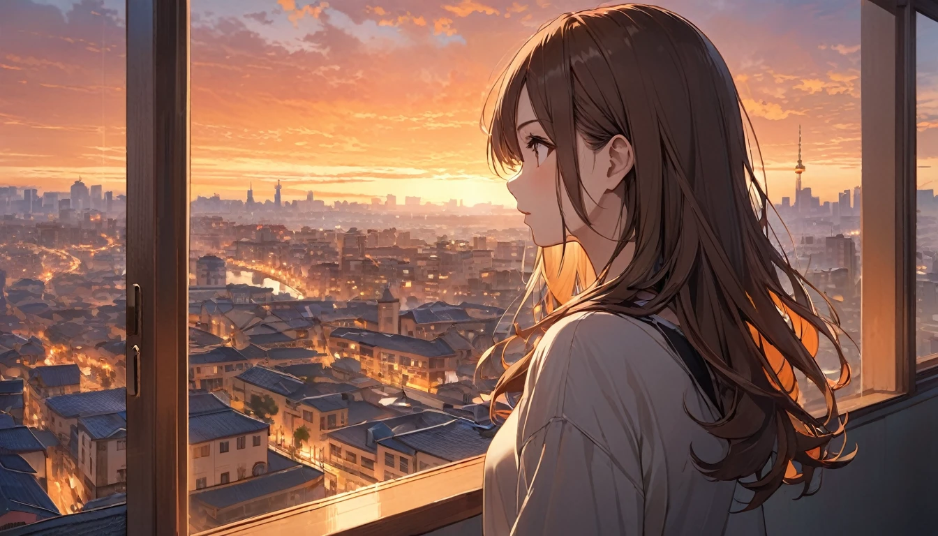 Highest quality,Woman looking out,Brown Hair,dawn,Orange sky,Buildings