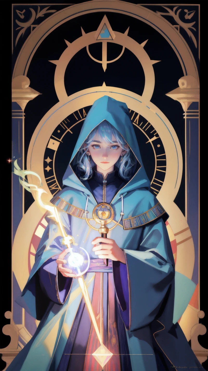 arafed image of a beautiful girl wizard with a magic wand and a lot of symbols, typical cryptocurrency nerd, 2 1 st century monk, an arcane wizard casting a spell, the wizard, wizard pondering his orb, an alchemist gnome, masonic art, an alchemist, joe biden as a hooded arch mage, etheric, full portrait of electromancer, paul laffoley the background is brwon.