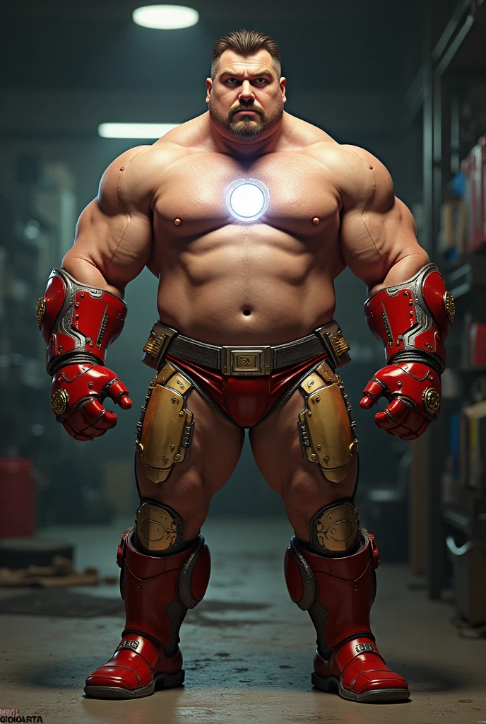 Marvel comics iron man character with iron briefs shirtless with ark reactor on chest . corpulent. Garage Fund