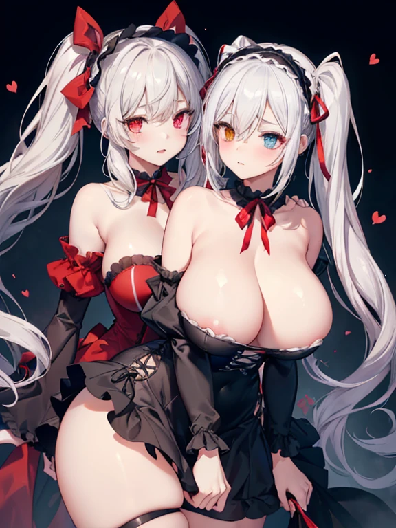 nsfw,((2girl),yuri),(belfast),Very detailed,High resolution,4K,8k,masterpiece,High resolution,((Anatomically correct number of limbs),(Anatomically correct number of fingers)), ((cowboy shot),(silver hair, twintails), (gothic lolita,),(heterochromia), hairband,  red ribbon,black choker, bare shoulders, red dress, red bow, detached sleeves),(shiny),((huge breasts),beautiful breasts,curvy),(Gothic-style mansion),spoken heart