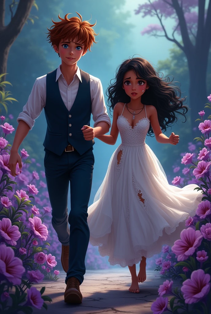 boy, offwhite, blue colored eyes, chestnut hair, groom dress, running with a indigenous girl with brown eyes and dark curly hair, crying tears of flowers, torn wedding dress, in a bunch of purple flowers, desperation, melancholic dinner dark romance