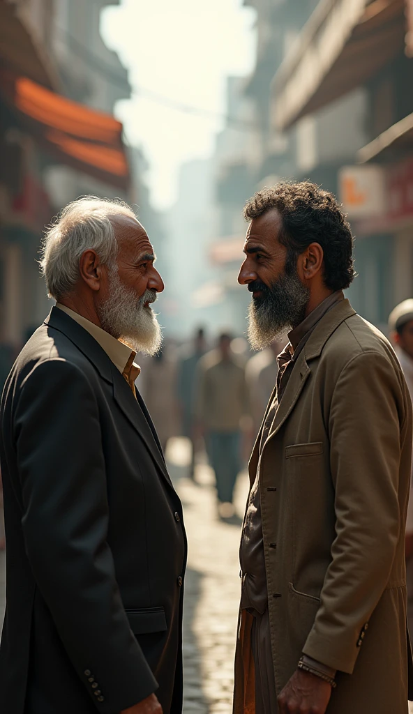 Write a dialogue between Javed and the old, wealthy merchant when they first meet. What does the merchant say that deeply moves him, and how does Javed respond?