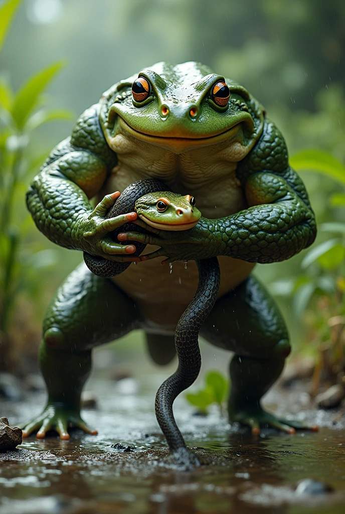 Frog catching snake With both hands