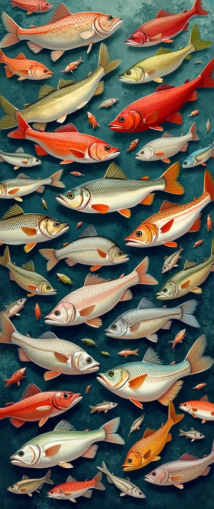 one hundred of any freshwater fish(pike, carp, trout, perch, BASS), in one big picture means completeness, absence of a person, only items, arranged in a chaotic manner, illustration for a postcard, vector