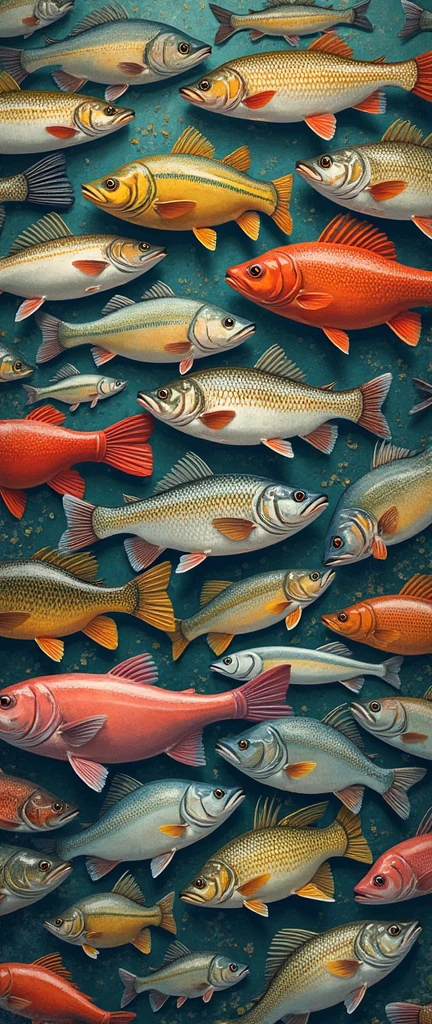 one hundred of any freshwater fish(pike, carp, trout, perch, BASS), in one big picture means completeness, absence of a person, only items, arranged in a chaotic manner, illustration for a postcard, vector