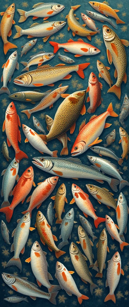 one hundred of any freshwater fish(pike, carp, trout, perch, BASS), in one big picture means completeness, absence of a person, only items, arranged in a chaotic manner, illustration for a postcard, vector