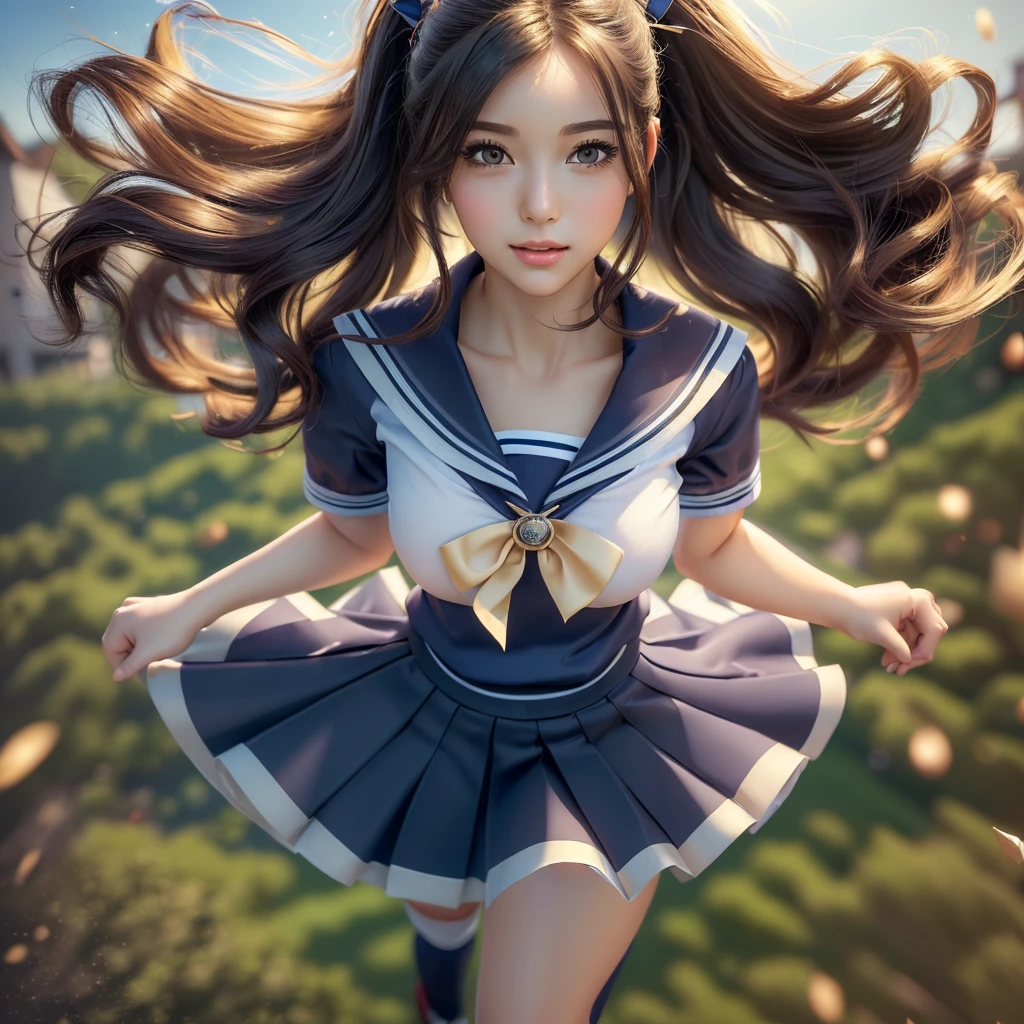 (best quality, masterpiece:1.5), (ultra-detailed, realistic:1.37),4K,(woman:1.5),cute,beautiful,(school uniform:1.2),(skirt),(big breast),(ponytale),(high socks),jumping wind,from above