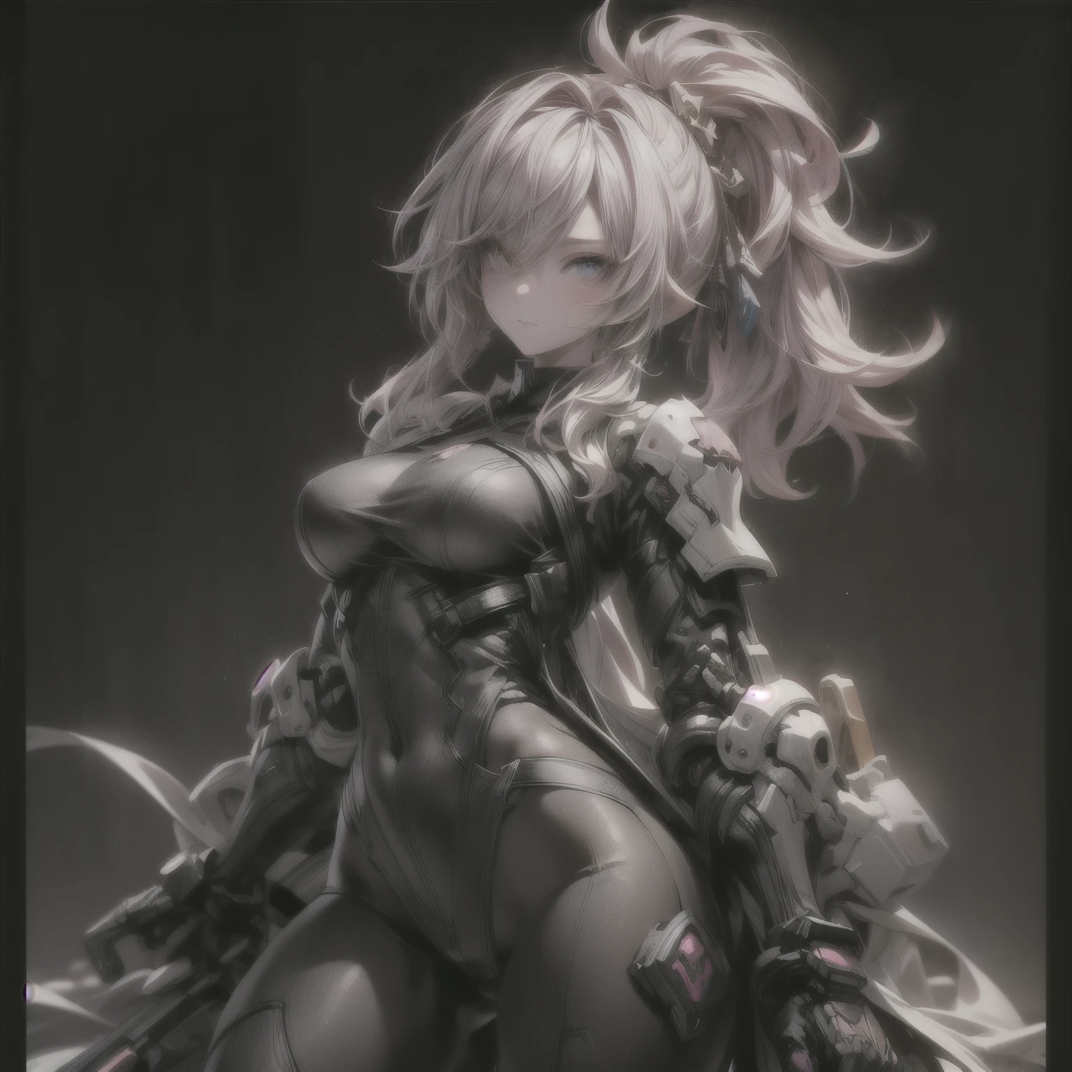 (best quality)), ((Masterpiece)), (details:1.4), 3d, HDR (high dynamic range), an image of a beautiful cyberpunk female, Hips up, cyberpunk, Fantasy, pink hair, High ponytail, beautiful White eyes, จมูกโด่ง, ปากแดง, หน้าอกใหญ่, nvidia RTX, PBR surface, After processing, Anisotropic filtration,depth of field, Maximum clarity and clarity, multi-layered surface, Subsurface scattering, perfect proportions, 8K raw files, ultra detailed, Perfect proportions, Holy Paladin, Heavy Black Armor, glossy skin, Chapel background, jewely, ต่างหู, นิ้วมือสมบูรณ์,