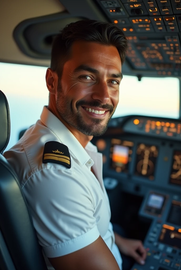 (photorealism:1.2), handsome tanned man, black hair, short beard, smiling, sexy brazilian, slim, , Photorealistic, 8k, highly detailed, cinematic lighting, vivid colors, in airbus cockpit, white pilot shirt and black pants
