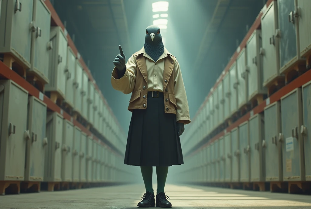 ((Highest quality)), ((masterpiece)), (Pointing his finger towards me), (birds-eye view), (wide shot), (Very large warehouse), 怒りの表情で口を開けたGray female pigeonがオフホワイトで襟付きのshort-sleeved shirtに薄茶色のベストを着てひざ丈の黒いスカートに濃い緑の靴下と黒の靴を履いて、とてもたくさんの冷蔵庫に囲まれながらPointing his finger towards me, (Gray female pigeon), (short-sleeved shirt), Photorealistic images。