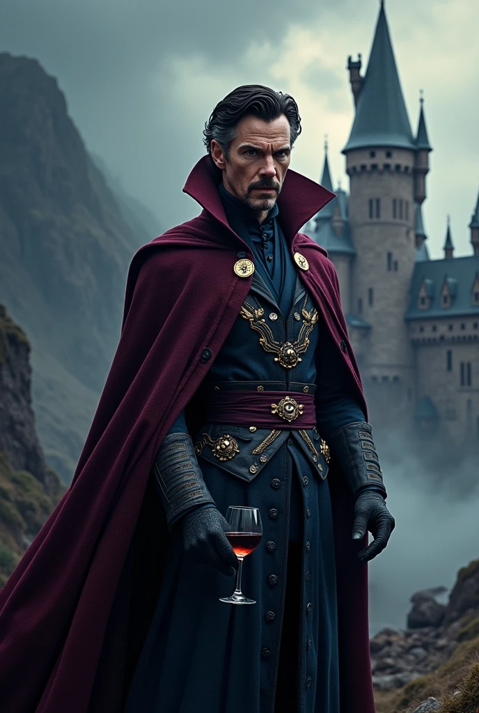 Dr. Strange avec verre de vin , Méchant, , , vêtements noirs avec détails violets, , , les vêtements suivent un style victorien. château dans le paysage. Marvel, benedict cumberbatch