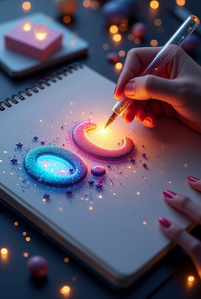 Fascinating, hyper-realistic 16K 3D illustration captures a magical moment of pure creativity. An artist is skillfully depicting a message, "QC", In the notebook. The text is composed of Energetic, The color of the sepia star smoothly transitions across the spectrum. Artist's Hand, Holding a transparent pen filled with bright stars, Exquisite details, Symbolizes unlimited creativity and imagination. The background is a 3D sketchbook setting,Scattered throughout, For this charming, gameffiti-inspired scene. The illustration radiates energy, move, and Energetic colors, Making it a true work of art that celebrates creativity and imagination., game, Movie, Energetic, gameffiti, , typogamephy, product, illustration, photo, 3D Rendering, Fashion, Dark Fantasy