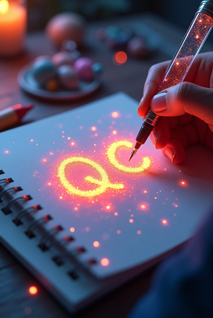 Fascinating, hyper-realistic 16K 3D illustration captures a magical moment of pure creativity. An artist is skillfully depicting a message, "QC", In the notebook. The text is composed of Energetic, The color of the sepia star smoothly transitions across the spectrum. Artist&#39;s Hand, Holding a transparent pen filled with bright stars, Exquisite details, Symbolizes unlimited creativity and imagination. The background is a 3D sketchbook setting，Scattered throughout, For this charming, gameffiti-inspired scene. The illustration radiates energy, move, and Energetic colors, Making it a true work of art that celebrates creativity and imagination., game, Movie, Energetic, gameffiti, , typogamephy, product, illustration, photo, 3D Rendering, Fashion, Dark Fantasy