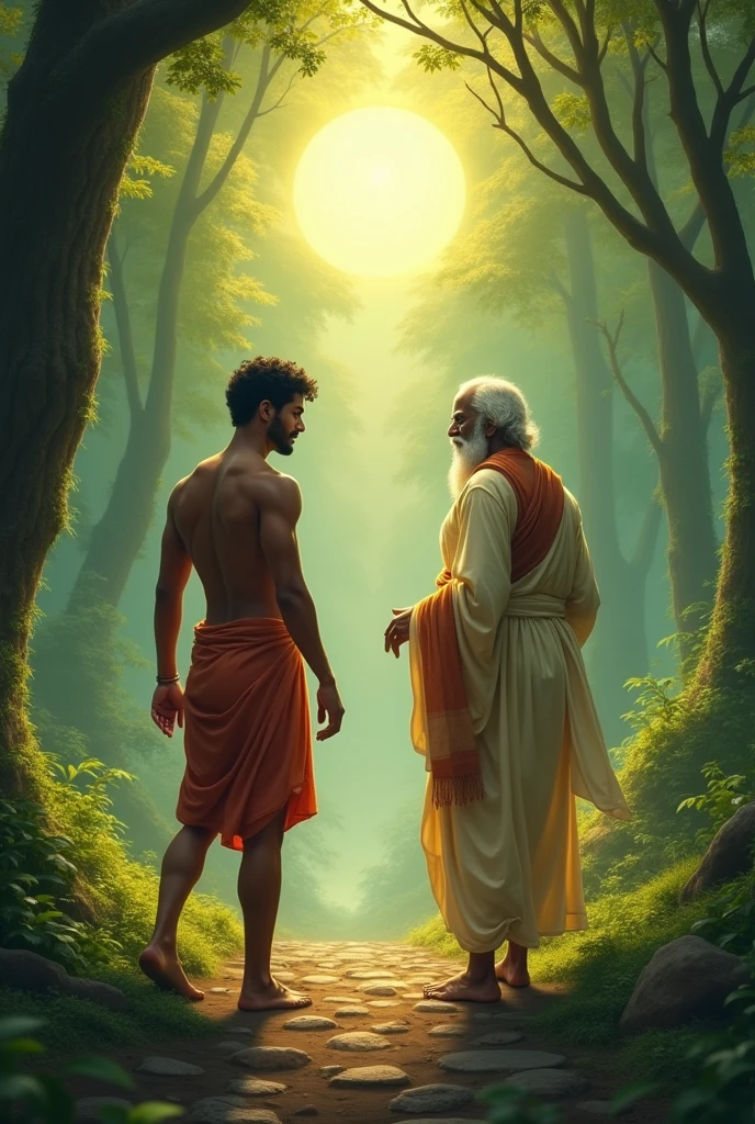 One 25 years aged bramhana men with beautiful face and  good body walking on the middle of the foress he met a old shining pandit old bramhana pandit,that bramhana pandit shine like lord sun 