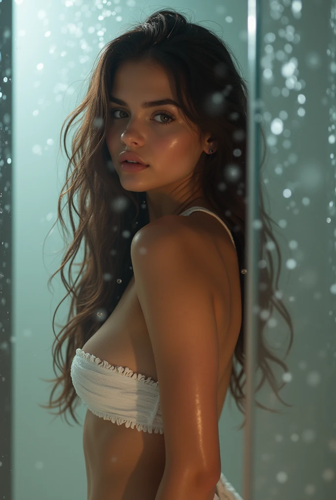 A sensual woman fresh out of the shower, beautiful detailed eyes, beautiful detailed lips, extremely detailed eyes and face, long eyelashes, wet hair, glowing skin, nude figure, soft lighting, intimate atmosphere, cinematic composition, elegant, classy, Renaissance painting style, chiaroscuro lighting, warm color palette