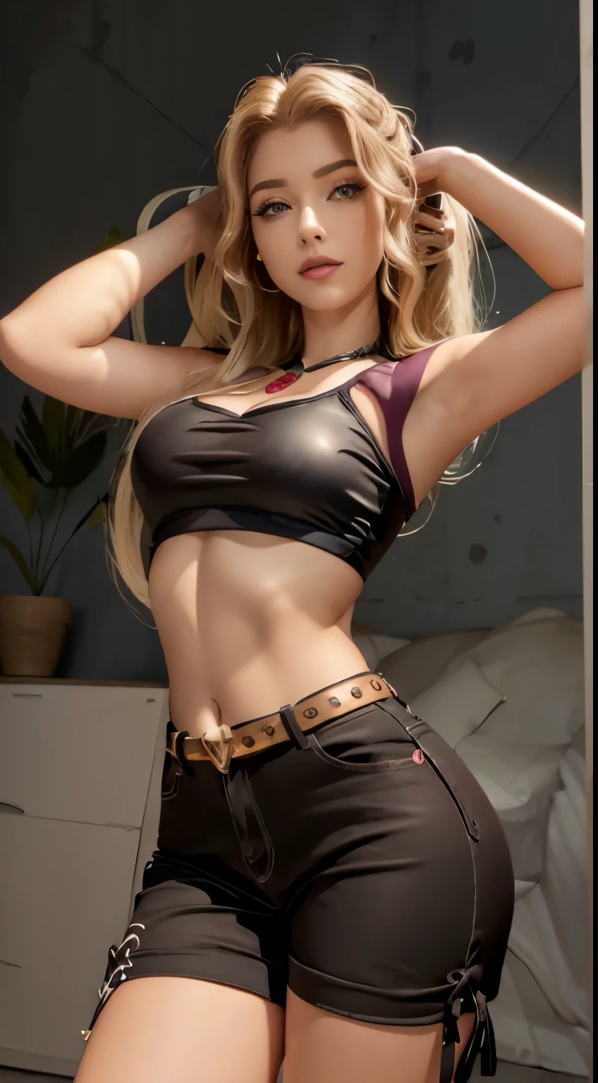 (masterpiece, The best quality, fotorrealist, High Resolutions, Cinematographer, :1.3), sharp focus, 1 beautiful  girl , American Girl,  , Teenage model ,diaphragm, Highly detailed pink eyes and pupils, Piel realist, slim body shape, neckline, extremely detailed hair, They are smiling, sexy, Varied background , ((realist, super-realistic, realism, Detalles realists)) Equestria girls , Adsgio Dazzle , mlp  , cute makeup , eyeshadow , Red lips , ruby ornament ,Whole body , sexy body , posing sexy , Beautiful smile , crossed leg pose , long fluffy blonde hair fluffy blonde hair , blonde  , small-nose , Black choker , provocative clothing , purple grunge clothing, western features
