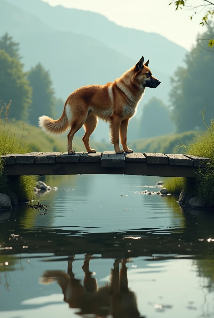 A dog, standing on a bridge, looking down at its reflection in the water, mistaking it for another dog. Hyper realistic ultra hd