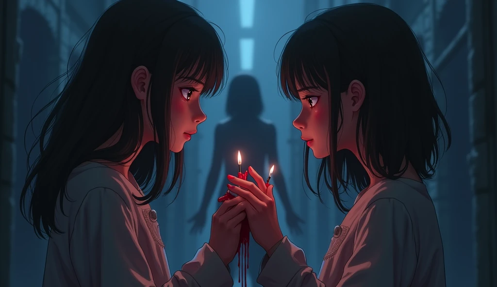 Two teenage girls making a pact at night while holding their hands together, Each of the teenagers made a cut on her finger to symbolize a blood pact, atmosphere of fear and horror.