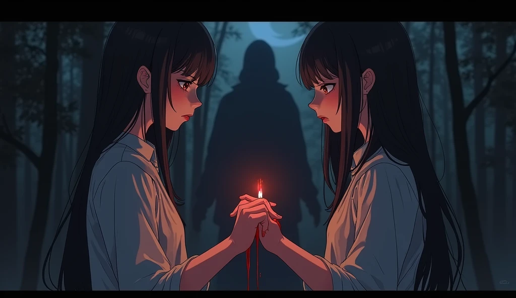 Two teenage girls making a pact at night while holding their hands together, Each of the teenagers made a cut on her finger to symbolize a blood pact, atmosphere of fear and horror.