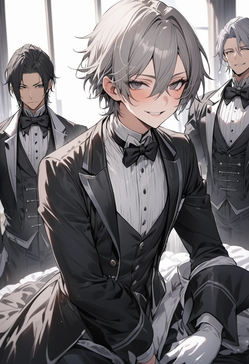 (Mastepiece)、(Best Quality)、Very detailed、((Two butlers:1.5))、Perfect Face、Beautiful Face、Very detailedな顔、(Black-haired boy:1.3)、(Gray-haired:1.3)、Black butler uniform、White gloves