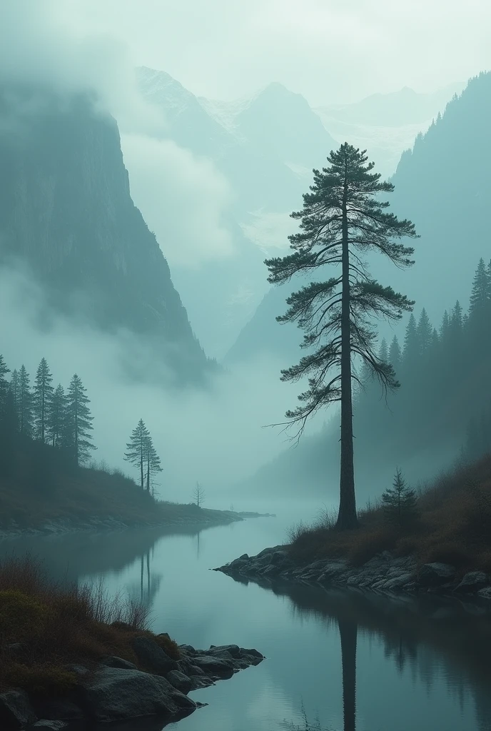 A mountain area with a foggy weather and a tree near a river