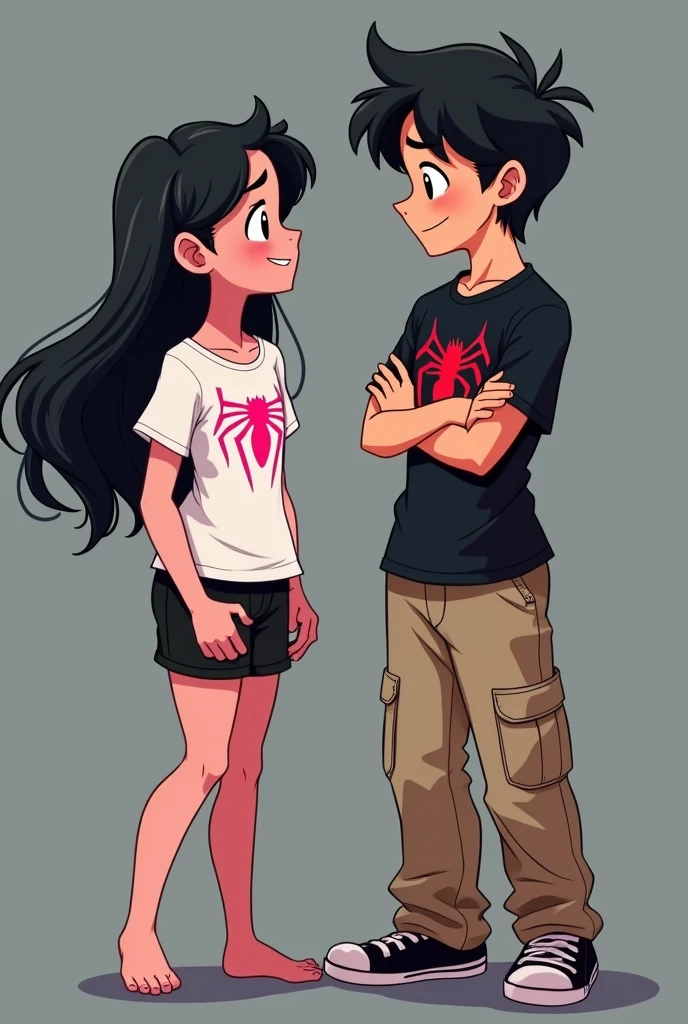 The image you shared shows two animated characters, both with a youthful appearance and a drawing style characteristic of animated series.
The character on the left is a girl with long black hair, dressed in a white t-shirt, with the pink spiderman spider logo, revealing part of his abdomen. besides, He is wearing black shorts. His expression is playful or confident, as she appears to be smiling slightly and looking at the male character.
The character on the right is a boy with short black hair. He is wearing a black short-sleeved T-shirt, It has the Spiderman spider logo on the chest in red, beige long pants. He is smiling and has his arms crossed, suggesting a relaxed and perhaps slightly defiant attitude as he looks at the girl.
The background of the image is simple, with grey and black tones, which makes the characters stand out more.