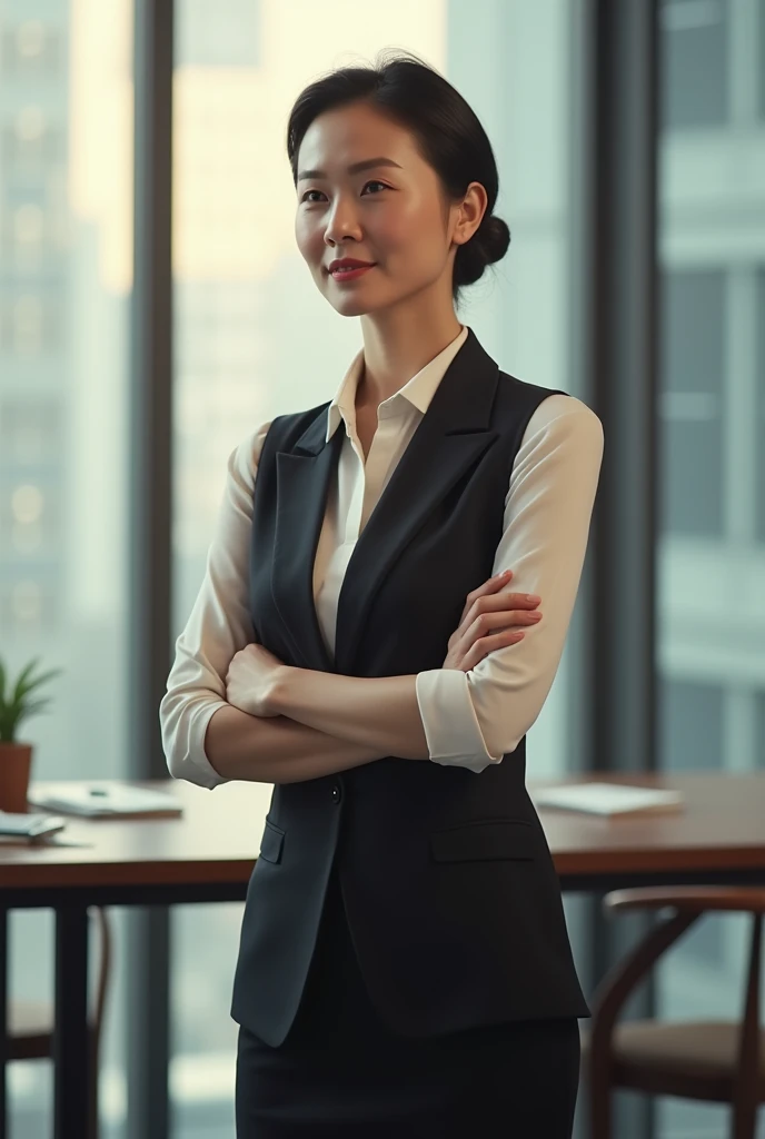1 woman, mature woman, vest, curtsey, picture, realistic, best quality, hire, detailed face, office, building from window, detailed background, Diffused sunlight, depth of field, bokeh, an Asian, female student
