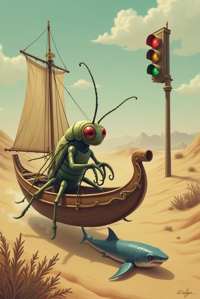 An insect that drove a boat in the desert on top of a traffic light over a shark 