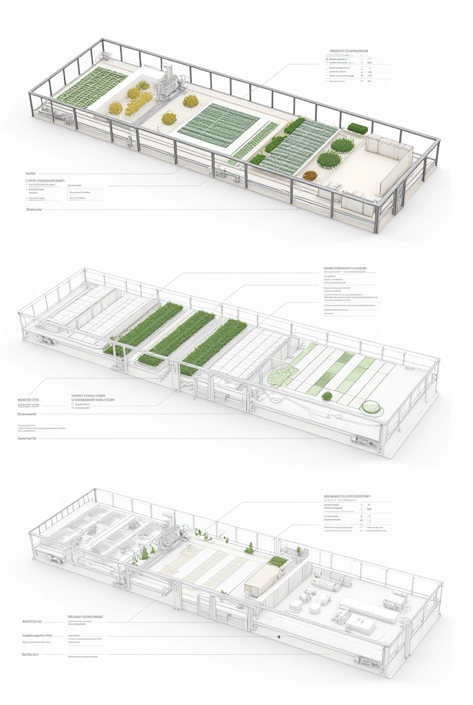 Blueprint type 1: Overall layout of the plant nursery, background: Use white or light gray for the main structure.: Draw a large rectangle to show the boundaries of the greenhouse and the growing area.: Draw long rows or grids within the frame to represent crop areas and storage areas.: Shows the storage area for materials, work area: Show the work area, such as desk or workstation, and the location of artificial lighting.: Draw a small circle or square to represent the light source. Control system: Shows the location of the temperature control and ventilation system, blueprint 2: Artificial lighting installation plan, background: Use white or light gray for lighting position.: Draw lines or circles to show the location of the LED light on the plant growing area. Light source: Use clear symbols such as stars or light bulbs, lighting control systems: Draw a small icon or box to represent a switch or timer. Blueprint 3: Plant Control and Management System Background: Use white or light gray. Temperature control system: Draw symbols for sensors and air conditioners, watering and fertilizer systems.: Shows watering pipes and pump systems, monitoring systems: Draw important cameras and sensors