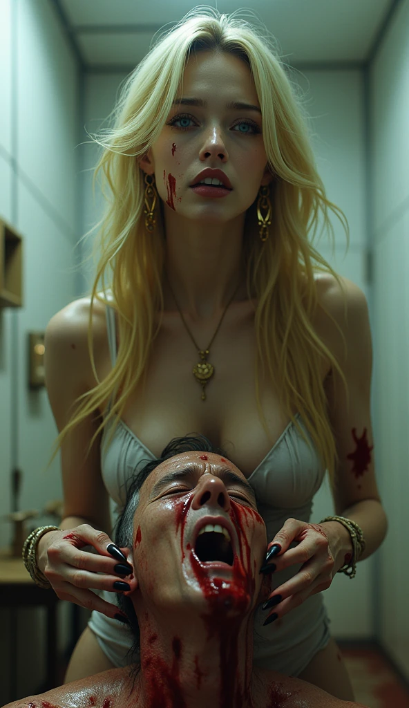 A girl with long blond hair and blue eyes. Dziewczyna została porwana i przetrzymywana. There's a guy standing behind her, he's got his hand across her stomach and is holding her tightly to himself.. The girl's face shows fear and pain.. There is a blood stain visible from under the torturer's hands