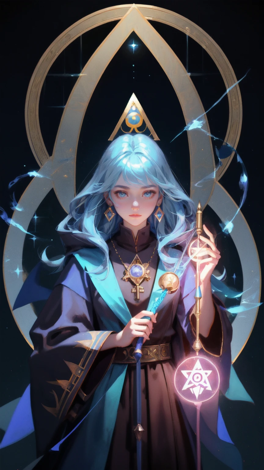 a beautiful girl with a magic wand and a lot of symbols, concept art inspired by Keos Masons, Artstation contest winner, metaphysical painting, typical cryptocurrency nerd, 2 1 st century monk, an arcane wizard casting a spell, the wizard, wizard pondering his orb, an alchemist gnome, masonic art, an alchemist. the background is brwon.