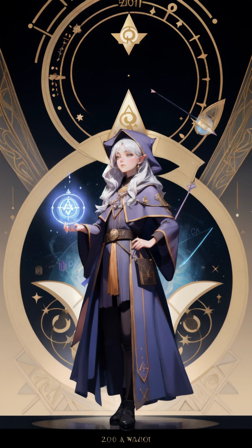 a beautiful girl with a magic wand and a lot of symbols, concept art inspired by Keos Masons, Artstation contest winner, metaphysical painting, typical cryptocurrency nerd, 2 1 st century monk, an arcane wizard casting a spell, the wizard, wizard pondering his orb, an alchemist gnome, masonic art, an alchemist. the background is brwon.