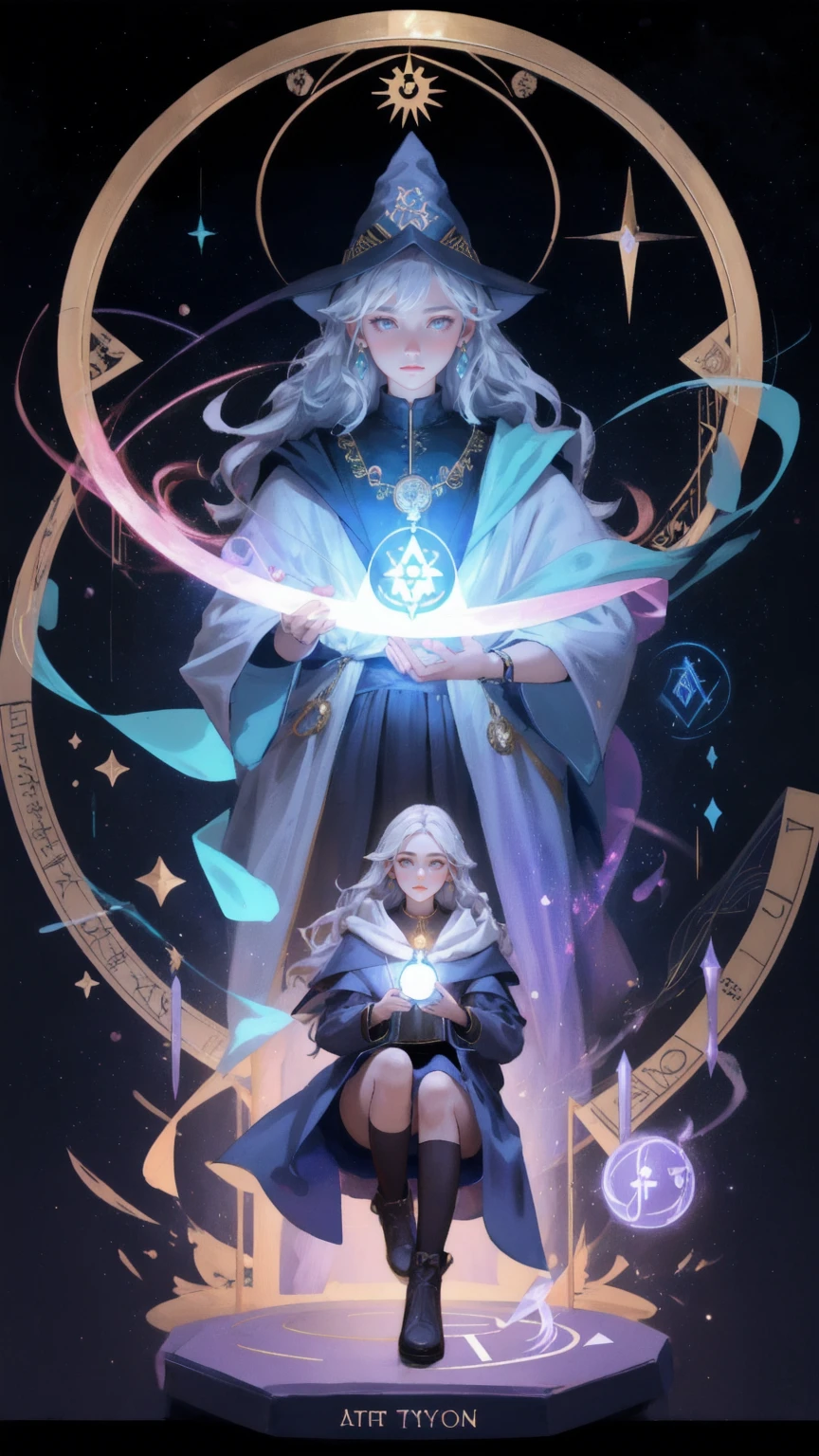a beautiful girl with a magic wand and a lot of symbols, concept art inspired by Keos Masons, Artstation contest winner, metaphysical painting, typical cryptocurrency nerd, 2 1 st century monk, an arcane wizard casting a spell, the wizard, wizard pondering his orb, an alchemist gnome, masonic art, an alchemist. the background is brwon.