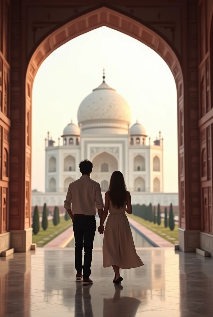 (photorealism:1.2), one adult 
boy with her girlfreind 
on taj mahel  white shirt and black pant
