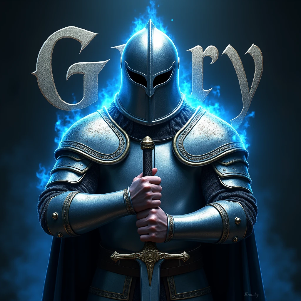 A realistic photograph of a male Templar warrior of English descent, wearing elaborate, shiny silver armor and an intimidating helmet. He grips a sword with determination, as vibrant blue glows flicker around him, enhancing his fierce pose. The name "Grey" is displayed prominently in gothic letters behind him, illuminated by the blue glows.