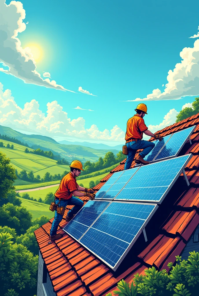 (Comic Book) A picture showing solar panels, of sunny landscapes, and teams of installers in action.