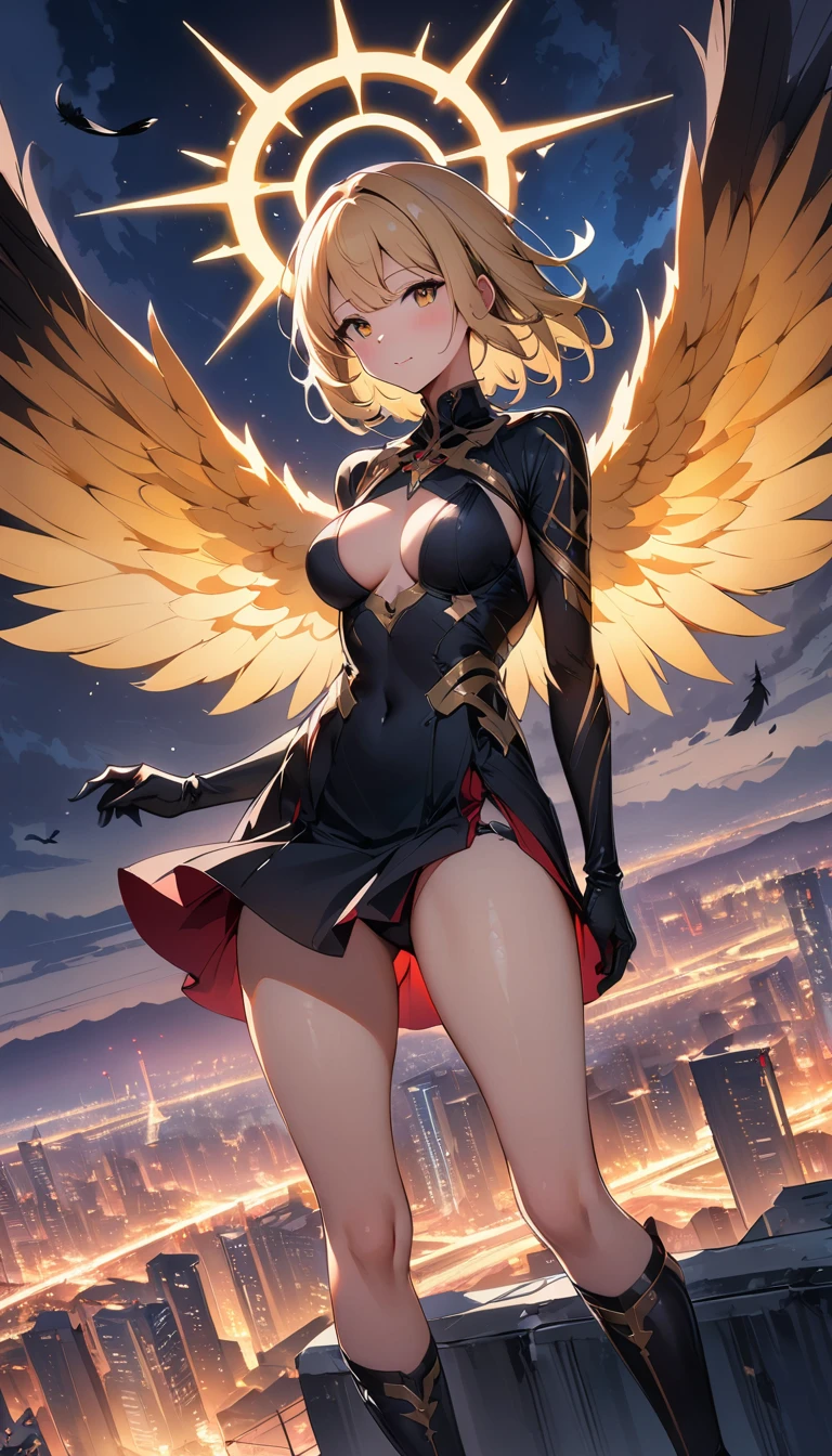 (8k, Highest quality, masterpiece:1.2),(Highest quality:1.0), (Ultra-high resolution:1.0), The image depicts a female angel floating above a city at night.。. The city lights shine golden、Create a dramatic atmosphere, Its delicate presence and black feathers contrast with the urban environment.。. Women seem protective and cautious., Glowing Skin, , rtrophto1,