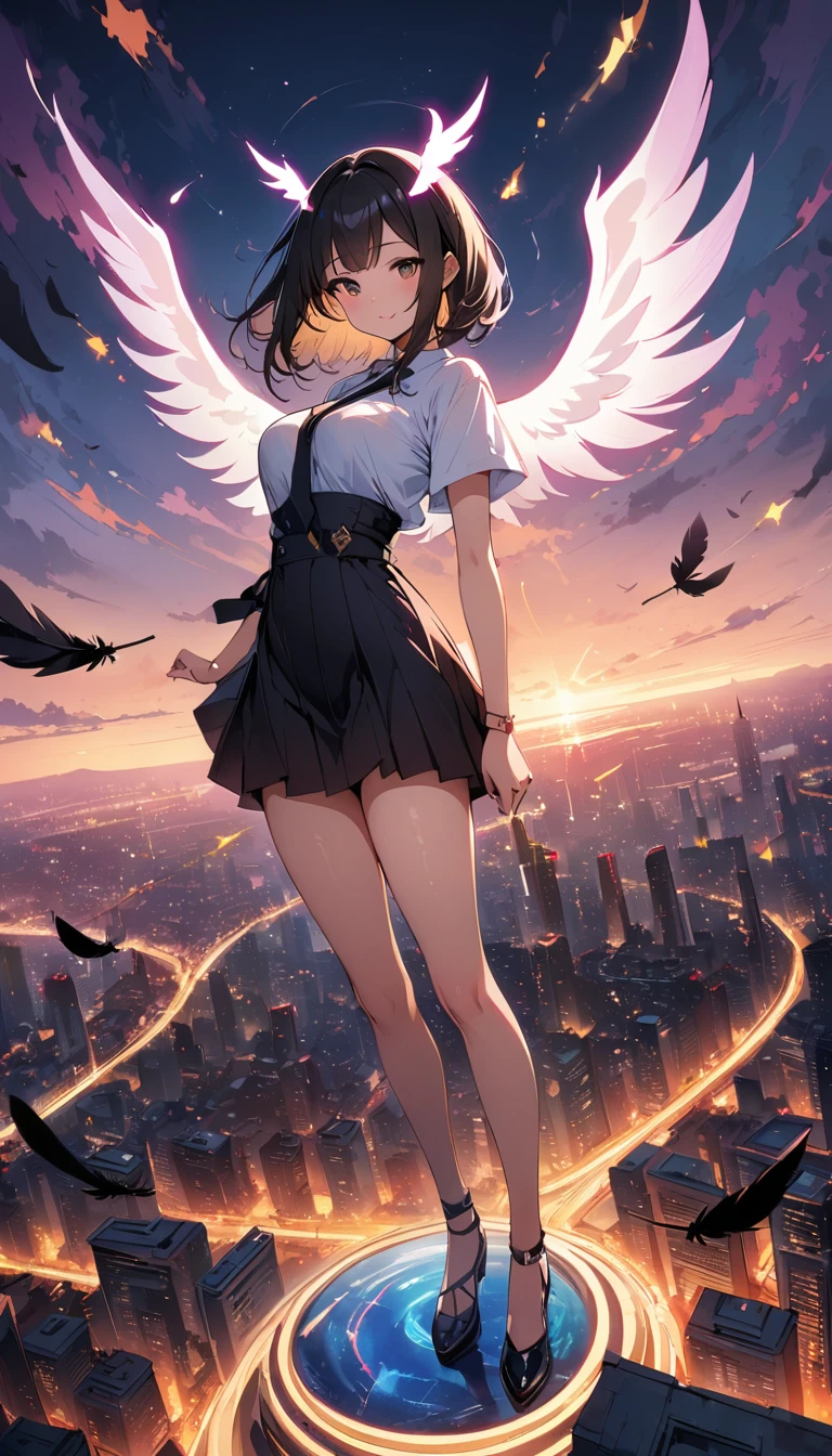 (8k, Highest quality, masterpiece:1.2),(Highest quality:1.0), (Ultra-high resolution:1.0), The image depicts a female angel floating above a city at night.。. The city lights shine golden、Create a dramatic atmosphere, Its delicate presence and black feathers contrast with the urban environment.。. Women seem protective and cautious., Glowing Skin, , rtrophto1,