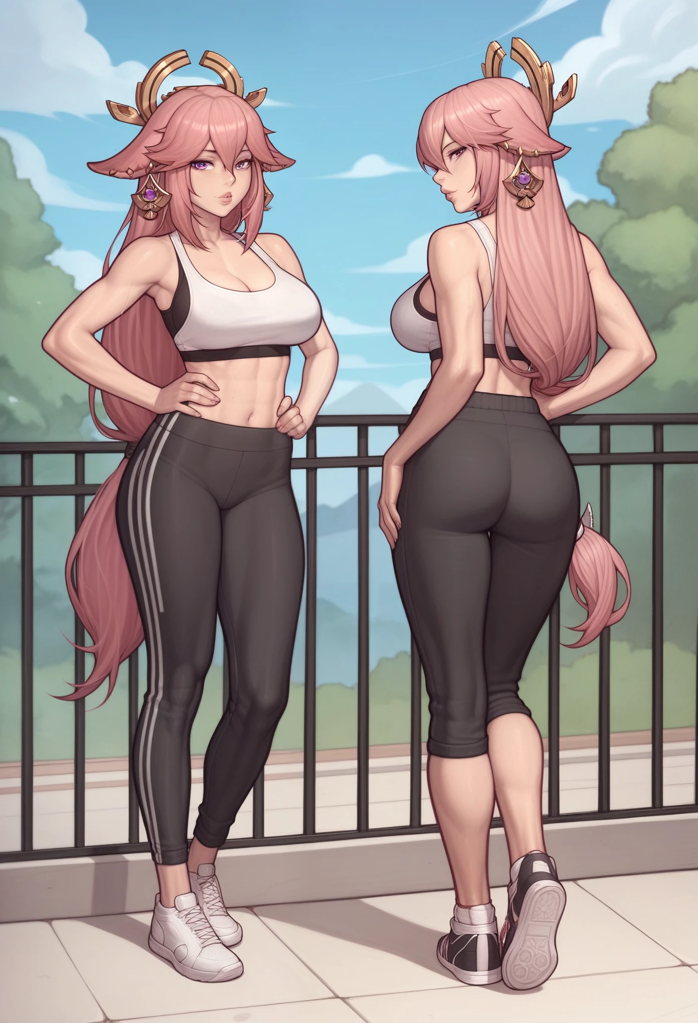 _asura style 1girl, yae_miko, pink_hair, solo, long_hair, outdoors, pants, ass, shoes, animal_ears, sneakers, day, breasts, full_body, jewelry, sports_bra, hands_on_hips, looking_back, earrings, socks, fox_ears, looking_at_viewer, lips, from_behind, standing, sky, large_breasts, black_footwear, black_pants, low-tied_long_hair, contemporary, alternate_costume