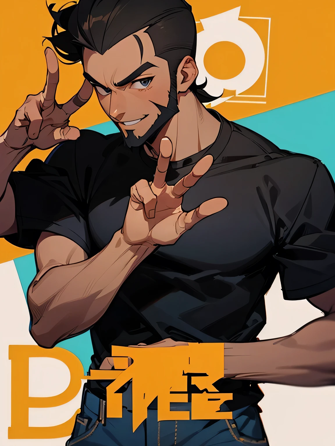 solo, upperbody, man, black perm sideshaved, (dark skin), big forehead, close up handsome face, beard:0.6, black t-shirts, jeans, (peace sign both hands), proud smile, (I am the main character), white simple back ground,