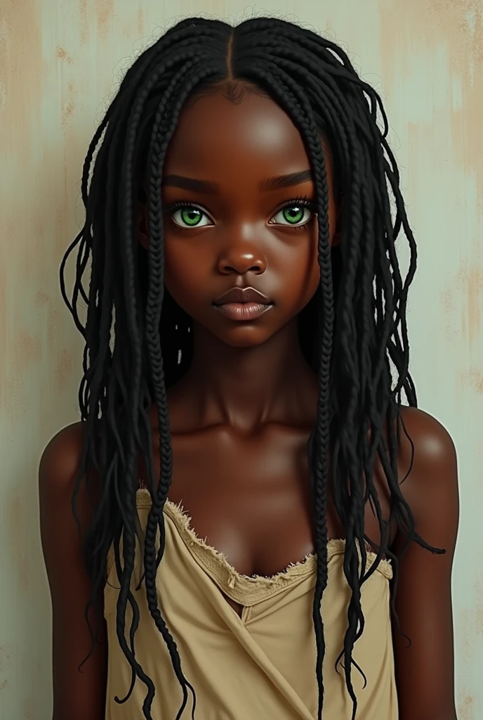 Really dark skinned
Only one 2 girl
Really dark skin
Really dark skin
Green eyes
Long hair with lots of African three hundred
Using a torn piece of cloth to cover her breasts
