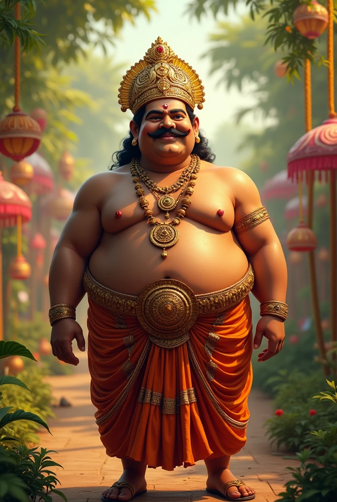 Create an image of Maveli, the Onam king, as a chubby man with only a prominent moustache and no beard. He should be wearing traditional attire, such as a richly embroidered dhoti and a crown. The background can include lush greenery and festive decorations, but the focus should be on his distinctive features and attire."