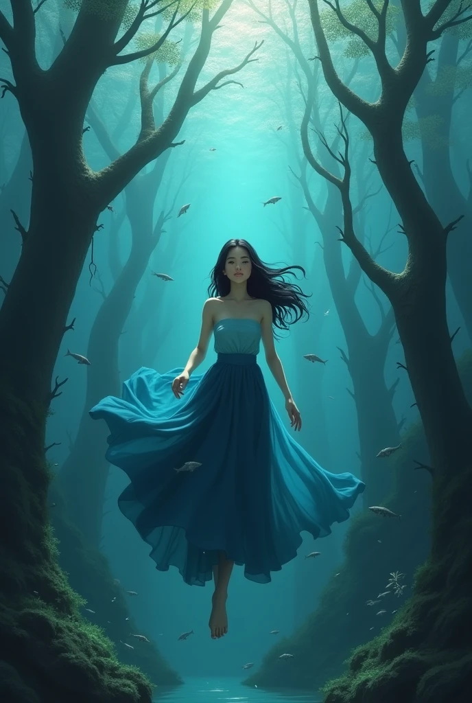 Deep beneath the river, there is a young woman in a light blue tube top Thai dress, a long dark blue skirt, a beautiful face, long black hair, she is swimming happily in the water, there are many small fish, there are many big trees standing dead underwater, oil painting, 3D painting, art painting by Professor Chalermchai.